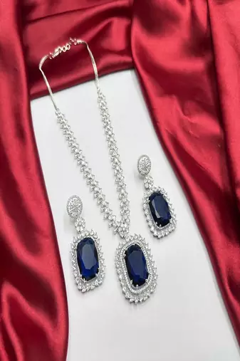 Royal blue sapphire necklace & earrings set|silver cz bridal jewelry