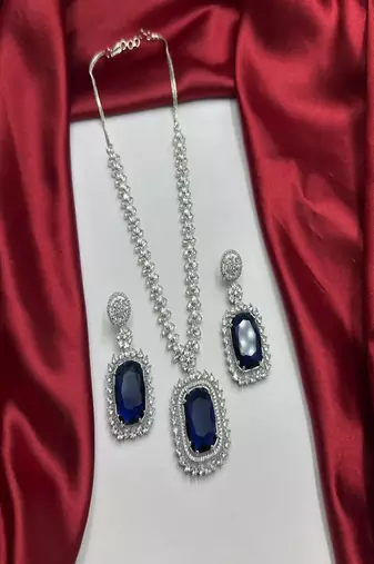 Royal blue sapphire necklace & earrings set|silver cz bridal jewelry