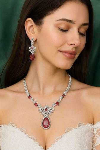 Bridal ruby red necklace and earring set | cz diamond choker