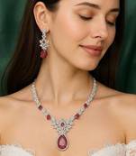 Bridal ruby red necklace and earring set | cz diamond choker