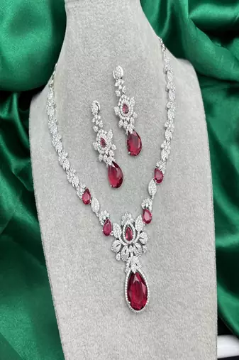Bridal ruby red necklace and earring set | cz diamond choker