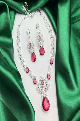 Bridal ruby red necklace and earring set | cz diamond choker