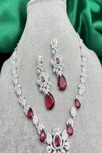 Bridal ruby red necklace and earring set | cz diamond choker