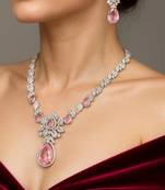 Pink crystal teardrop necklace and earrings|silver bridal jewelry set