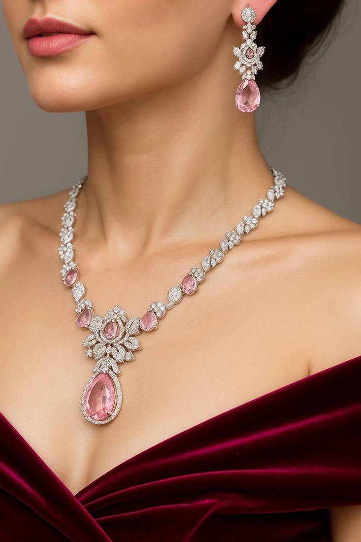 Pink crystal teardrop necklace and earrings|silver bridal jewelry set