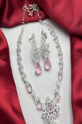 Pink crystal teardrop necklace and earrings|silver bridal jewelry set