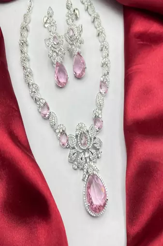 Pink crystal teardrop necklace and earrings|silver bridal jewelry set