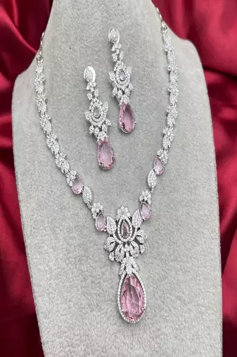 Pink crystal teardrop necklace and earrings|silver bridal jewelry set