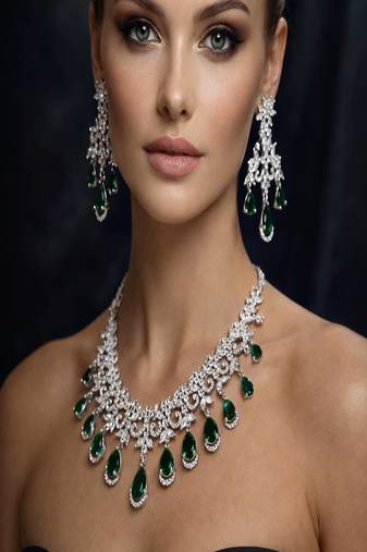 Emerald green cz necklace set: indian bollywood jewelry