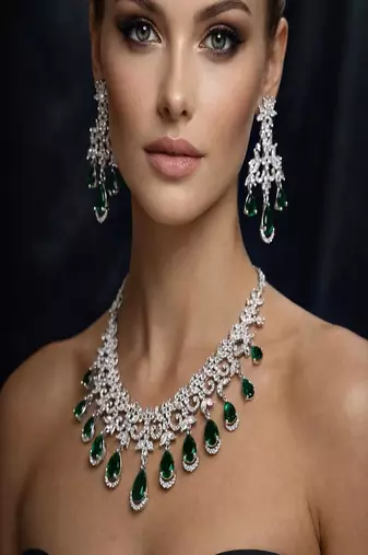 Emerald green cz necklace set: indian bollywood jewelry