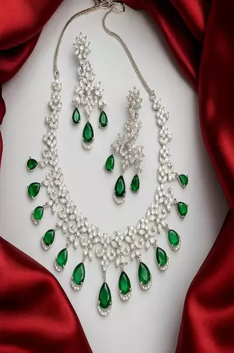 Emerald green cz necklace set: indian bollywood jewelry