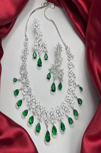 Emerald green cz necklace set: indian bollywood jewelry