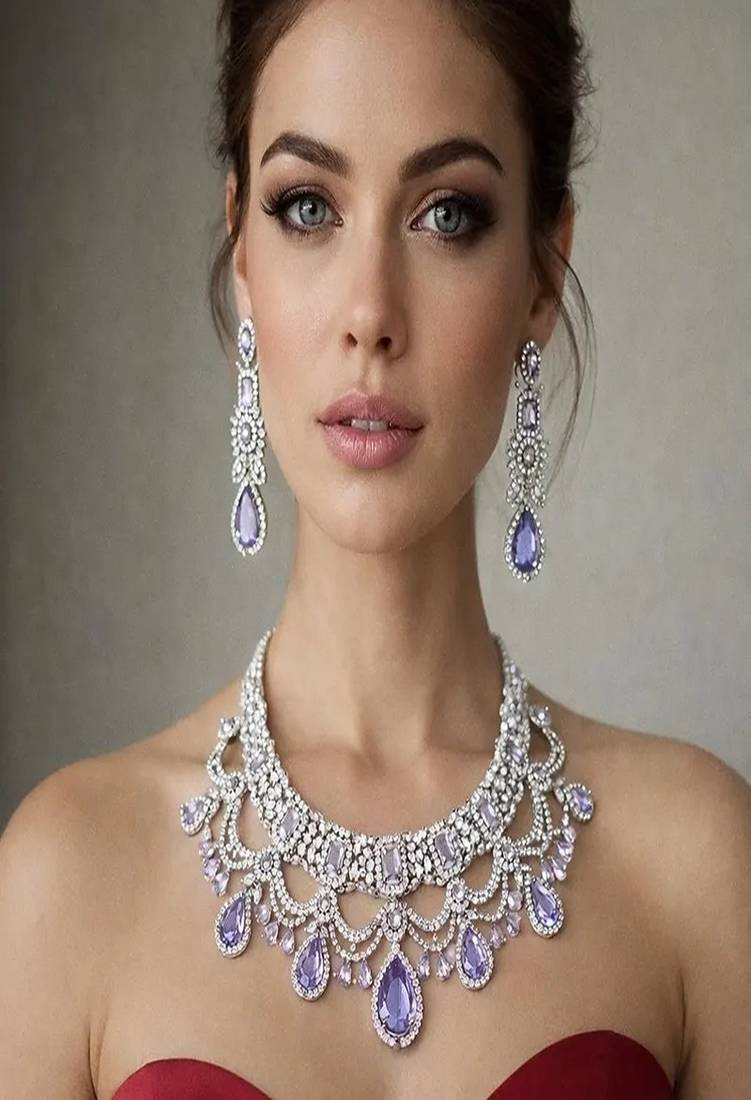 Lavender cz bridal jewelry set | silver tone indian wedding necklace, earrings & maang tikka