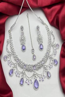 Lavender cz bridal jewelry set | silver tone indian wedding necklace, earrings & maang tikka 2