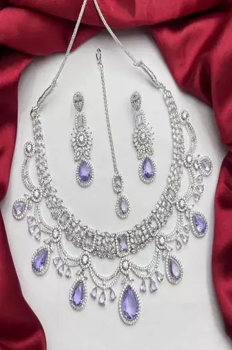 Lavender cz bridal jewelry set | silver tone indian wedding necklace, earrings & maang tikka