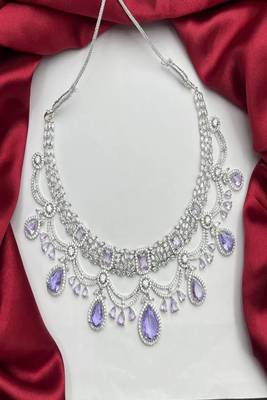 Lavender cz bridal jewelry set | silver tone indian wedding necklace, earrings & maang tikka 3
