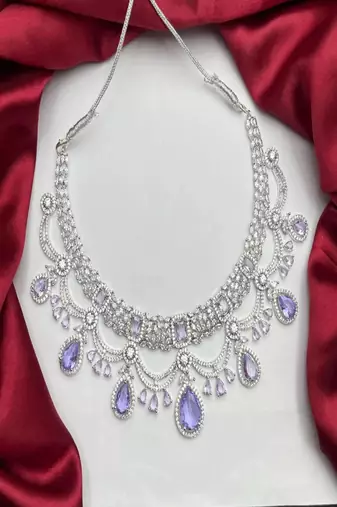 Lavender cz bridal jewelry set | silver tone indian wedding necklace, earrings & maang tikka