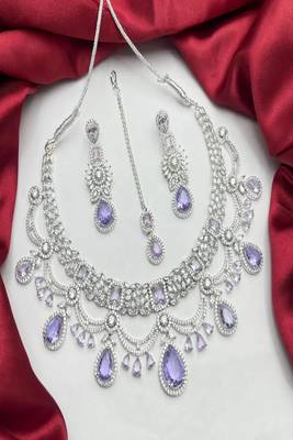 Lavender cz bridal jewelry set | silver tone indian wedding necklace, earrings & maang tikka 4