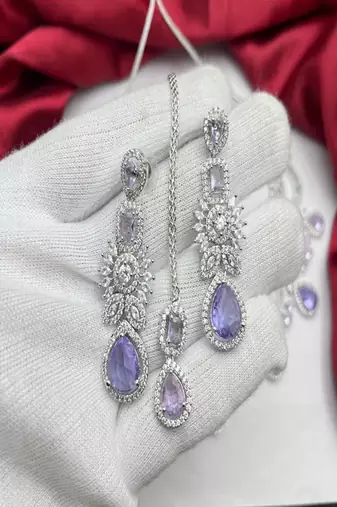 Lavender cz bridal jewelry set | silver tone indian wedding necklace, earrings & maang tikka