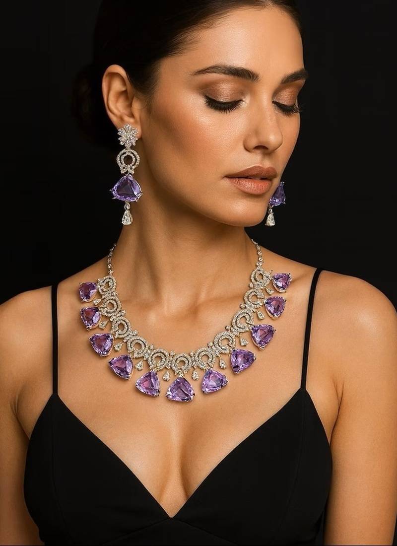 Amethyst cz bridal jewelry set: silver wedding necklace & earrings