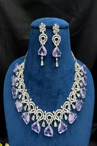 Amethyst cz bridal jewelry set: silver wedding necklace & earrings