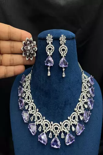 Amethyst cz bridal jewelry set: silver wedding necklace & earrings