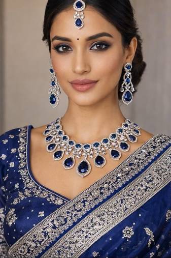 Royal blue sapphire bridal jewelry set: cz crystal choker