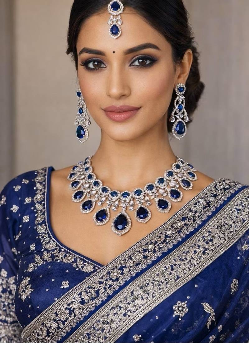 Royal blue sapphire bridal jewelry set: cz crystal choker