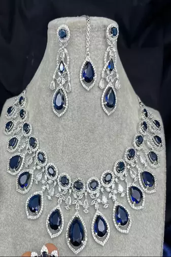 Royal blue sapphire bridal jewelry set: cz crystal choker