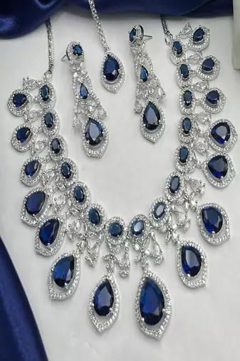 Royal blue sapphire bridal jewelry set: cz crystal choker