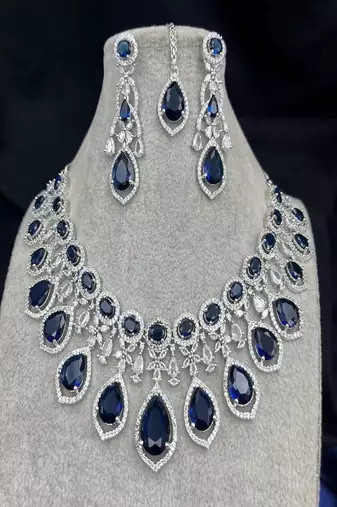 Royal blue sapphire bridal jewelry set: cz crystal choker