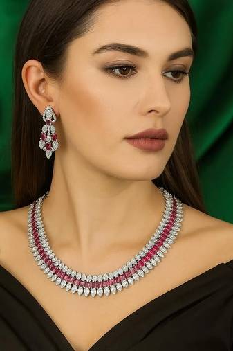 Ruby cz bridal jewelry set: silver choker necklace & dangle earrings
