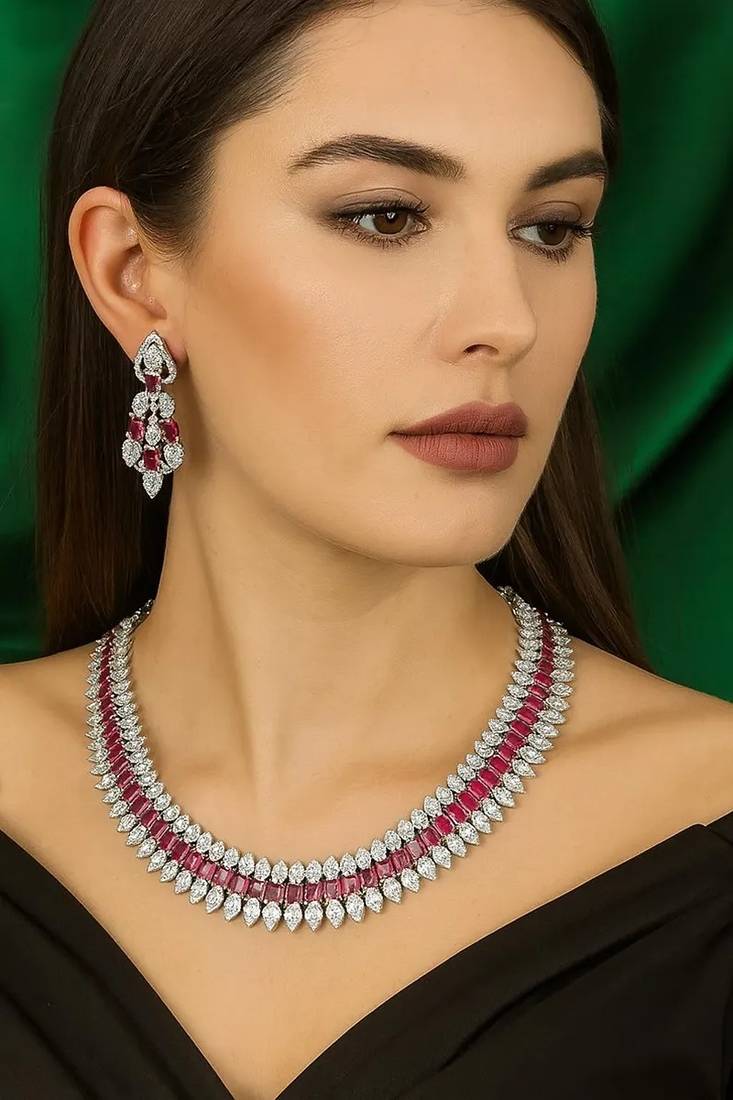 Ruby cz bridal jewelry set: silver choker necklace & dangle earrings