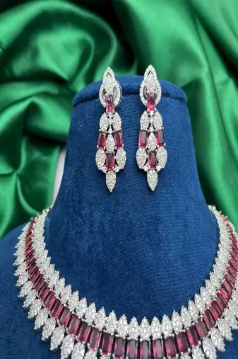 Ruby cz bridal jewelry set: silver choker necklace & dangle earrings