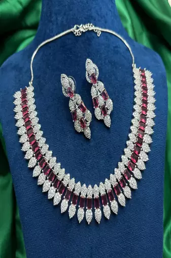 Ruby cz bridal jewelry set: silver choker necklace & dangle earrings
