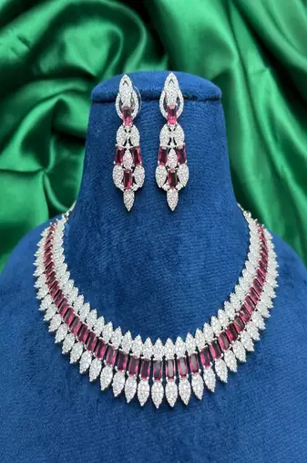 Ruby cz bridal jewelry set: silver choker necklace & dangle earrings