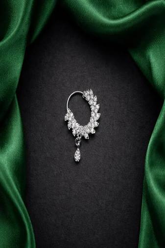 Cz stone floral nose ring | silver indian nath bridal jewelry