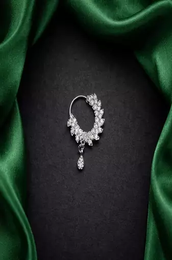Cz stone floral nose ring | silver indian nath bridal jewelry