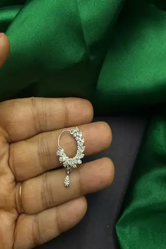 Cz stone floral nose ring | silver indian nath bridal jewelry