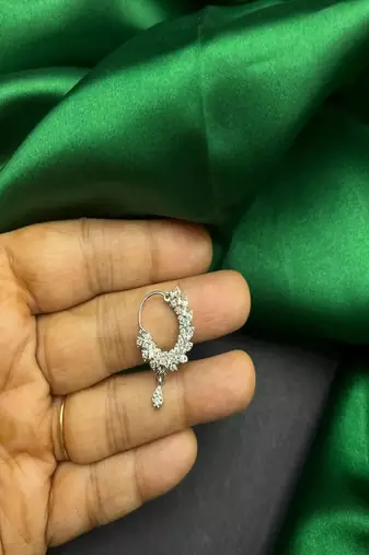 Cz stone floral nose ring | silver indian nath bridal jewelry
