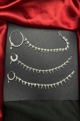 3 pc silver-look cz bridal nath with chain|traditional indian wedding nose ring jewelry 1
