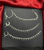 3 pc silver-look cz bridal nath with chain|traditional indian wedding nose ring jewelry