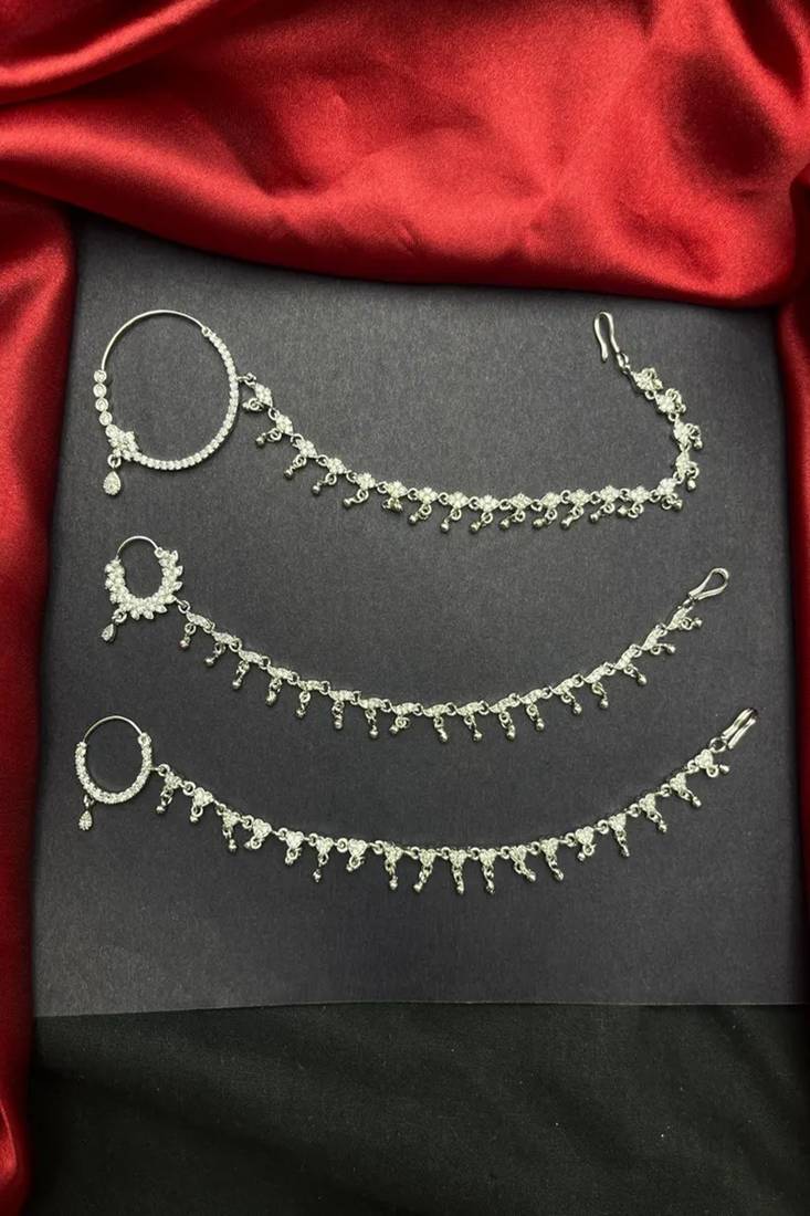 3 pc silver-look cz bridal nath with chain|traditional indian wedding nose ring jewelry