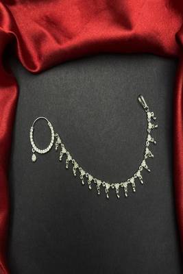 3 pc silver-look cz bridal nath with chain|traditional indian wedding nose ring jewelry 2