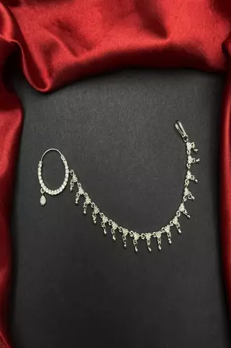 3 pc silver-look cz bridal nath with chain|traditional indian wedding nose ring jewelry