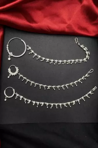 3 pc silver-look cz bridal nath with chain|traditional indian wedding nose ring jewelry
