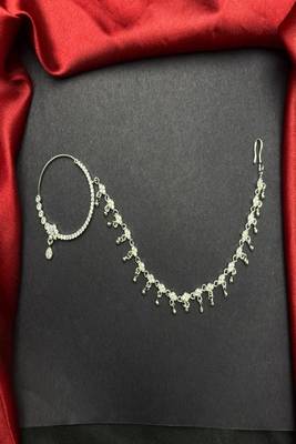 3 pc silver-look cz bridal nath with chain|traditional indian wedding nose ring jewelry 4