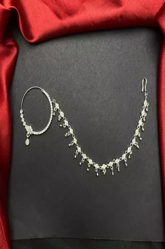 3 pc silver-look cz bridal nath with chain|traditional indian wedding nose ring jewelry