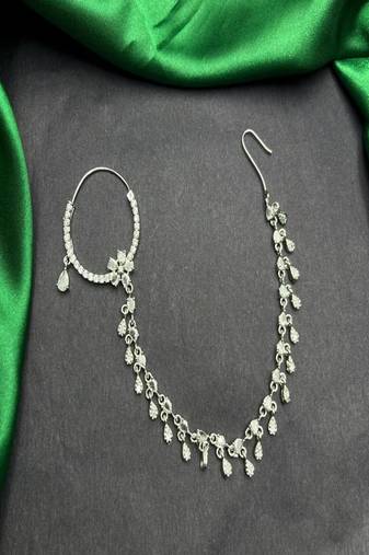 Silver look piercing bridal nath with chain | cz stone indian nose ring