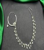 Silver look piercing bridal nath with chain | cz stone indian nose ring